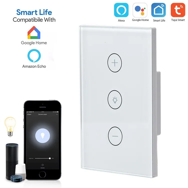 Công tắc Tuya Wifi Dimmer 3 nút – kính phẳng – Trắng | AKIA