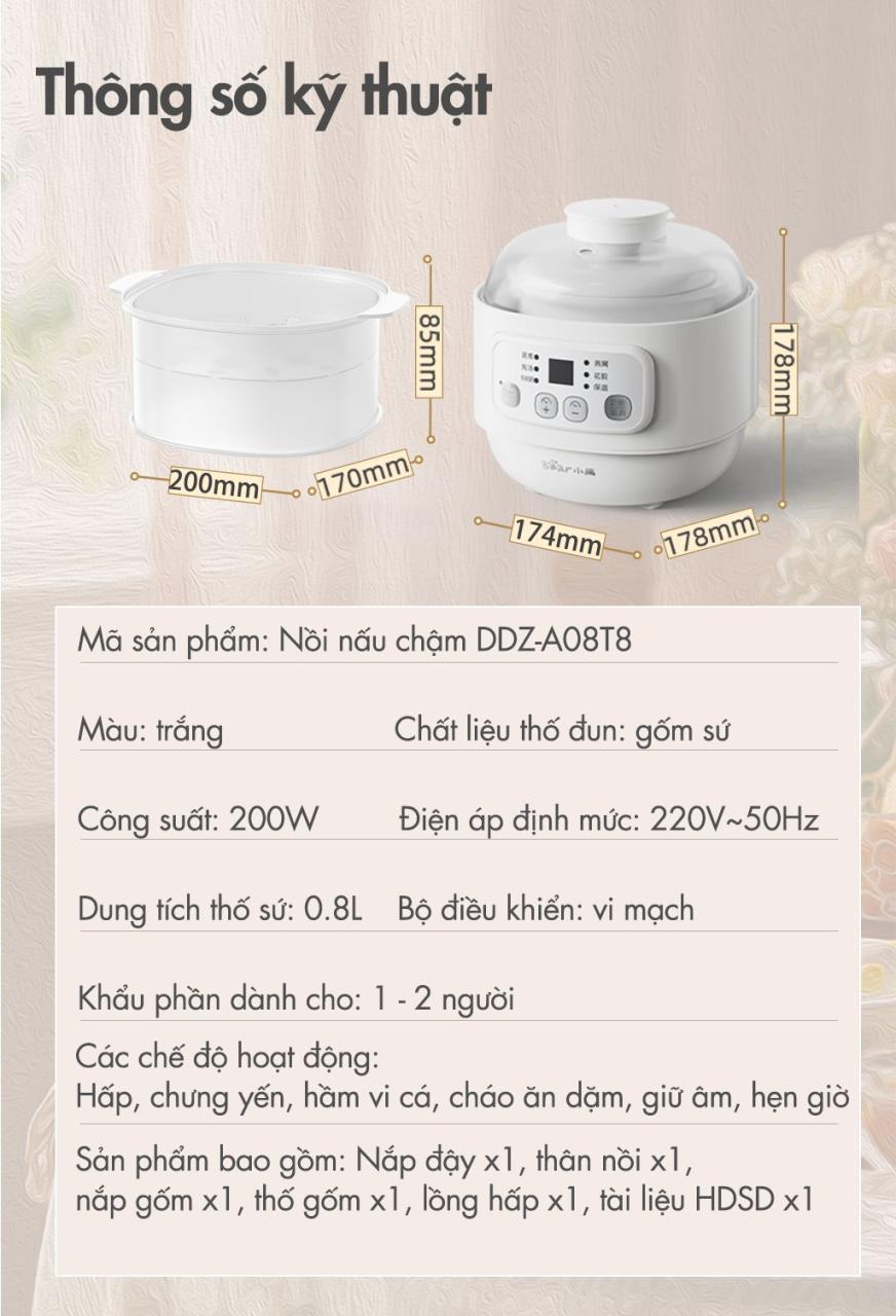Nồi Nấu Chậm Đa Năng Bear Ddz-A08T8 - Trắng Nồi Nấu Chậm Đa Năng Bear Ddz-A08T8 - Trắng