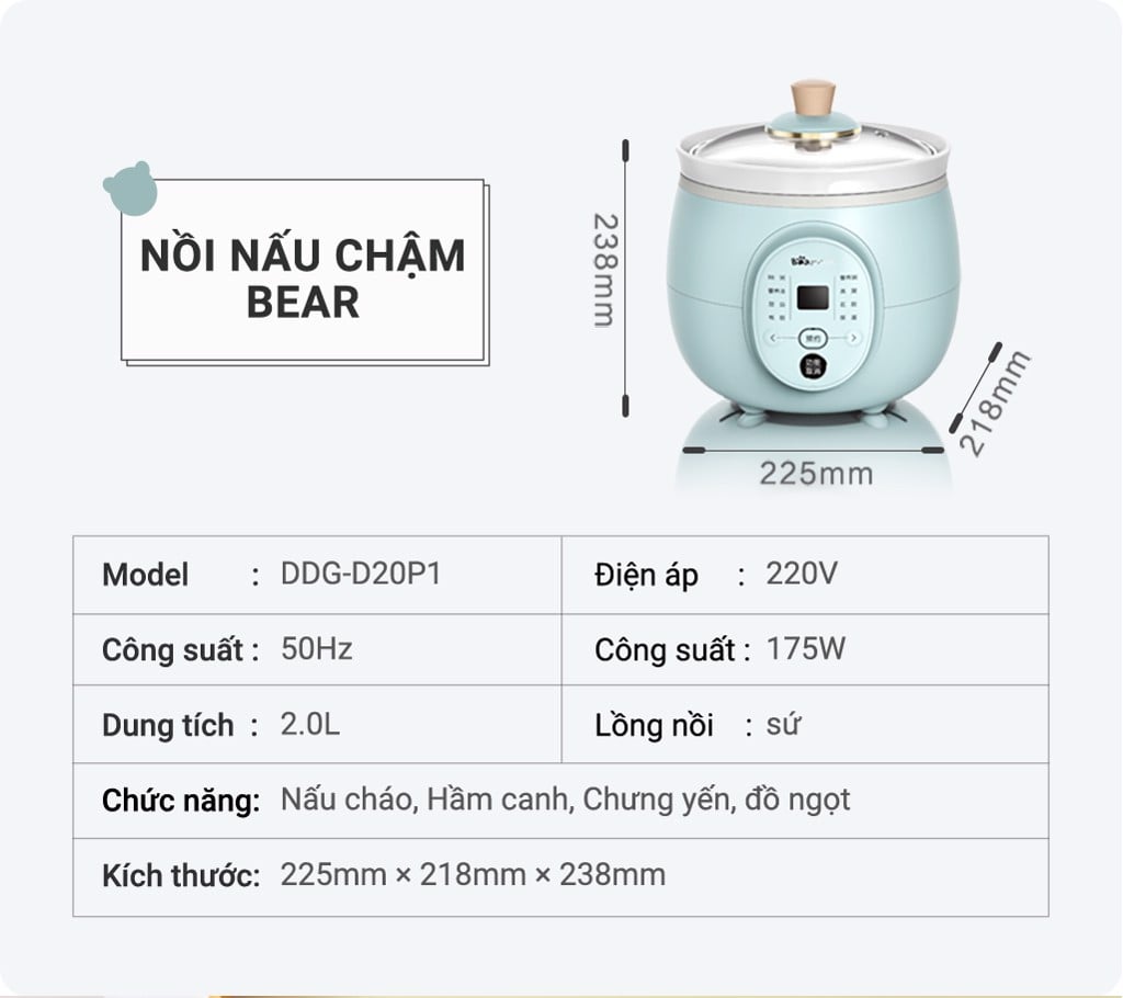 Nồi Nấu Chậm Bear Ddg-D20P1 Nồi Nấu Chậm Bear Ddg-D20P1