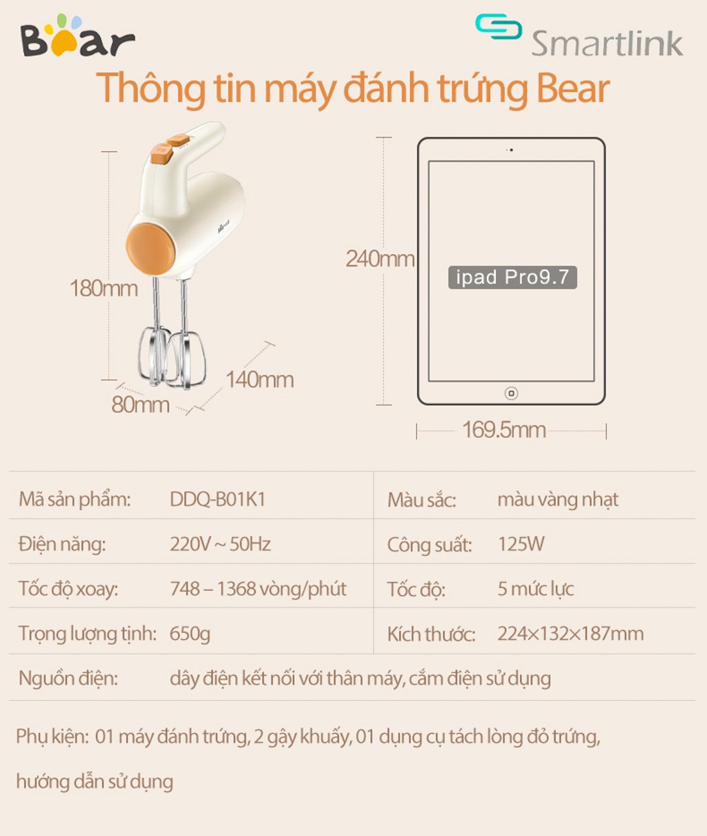Máy Trộn Thực Phẩm Cầm Tay Hiệu Bear, Model: Ddq-B01K1, Công Suất: 125W, 1 Pha (220V), Tần Số 50Hz Máy Trộn Thực Phẩm Cầm Tay Hiệu Bear, Model: Ddq-B01K1, Công Suất: 125W, 1 Pha (220V), Tần Số 50Hz