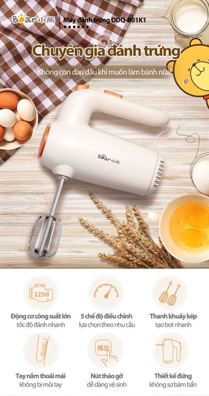 Máy Trộn Thực Phẩm Cầm Tay Hiệu Bear, Model: Ddq-B01K1, Công Suất: 125W, 1 Pha (220V), Tần Số 50Hz Máy Trộn Thực Phẩm Cầm Tay Hiệu Bear, Model: Ddq-B01K1, Công Suất: 125W, 1 Pha (220V), Tần Số 50Hz
