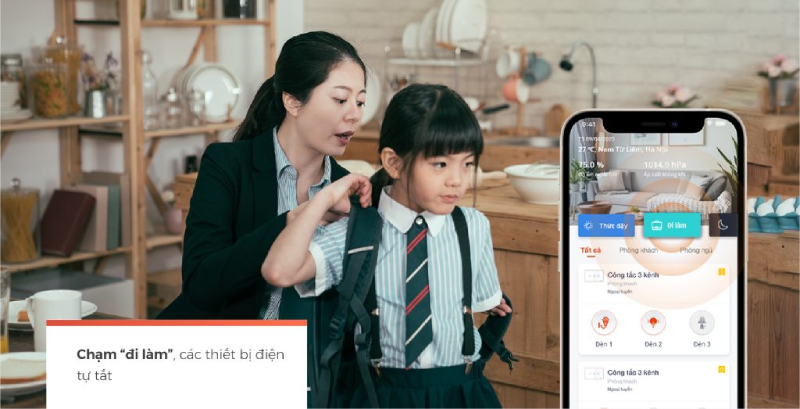 Công Tắc Thông Minh Vconnex Wifi - Không Viền Cao Cấp 36 Bạn Có Thể Thiết Lập Ngữ Cảnh Cho Công Tắc Thông Minh Vconnex: Chạm “Đi Làm” - Các Thiết Bị Điện Sẽ Tự Động Tắt
