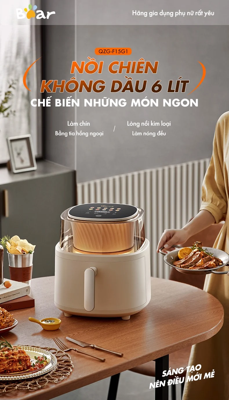 Nồi Chiên Không Dầu Bear Qzg-F15G1 Dung Tích 6L 10 Nồi Chiên Không Dầu Bear Qzg-F15G1 Dung Tích 6L