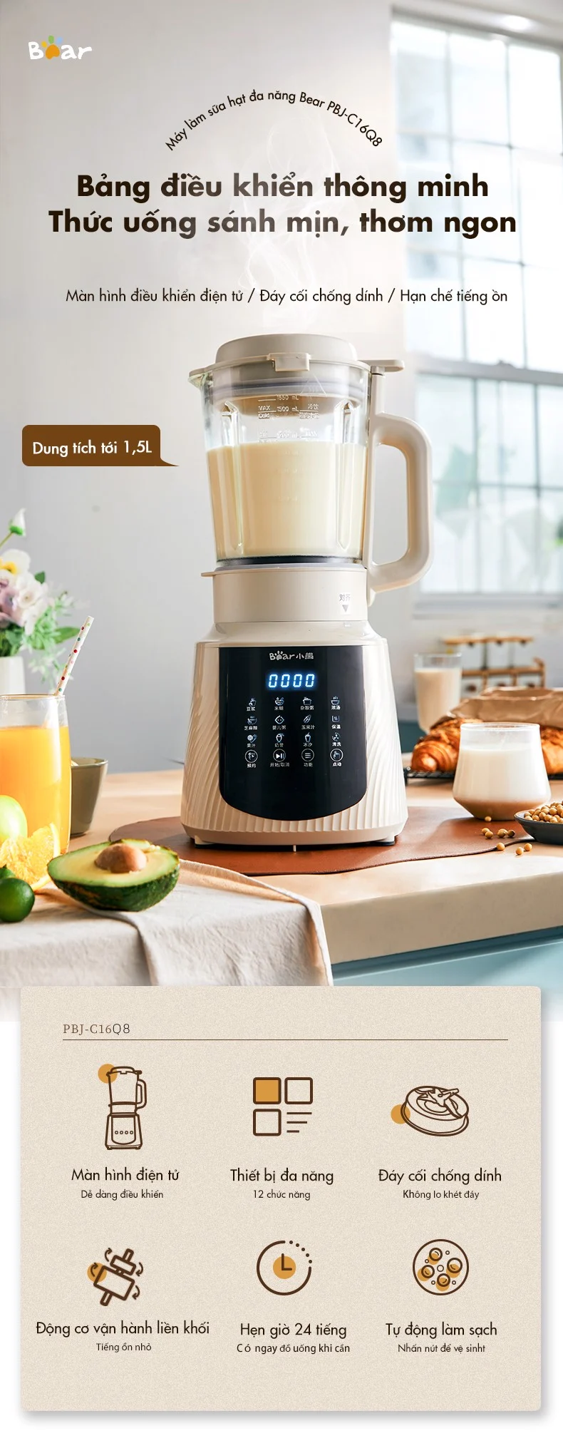 Máy Làm Sữa Hạt Đa Năng Bear Pbj-C16Q8 Dung Tích 1.5L 8 Máy Làm Sữa Hạt Đa Năng Bear Pbj-C16Q8