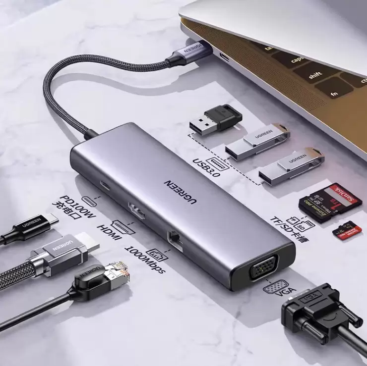 Hub Chuyển Đổi Type C Ugreen 15600 Sạc Pd 100W, Hdmi 4K@30Hz, Ethernet, Usb 3.0 Sang 3 Cổng Usb-A 3.0, Vga, Rj45 1.0Gbps, Sd/Tf 2 Hub Chuyển Đổi Type C Ugreen 15600