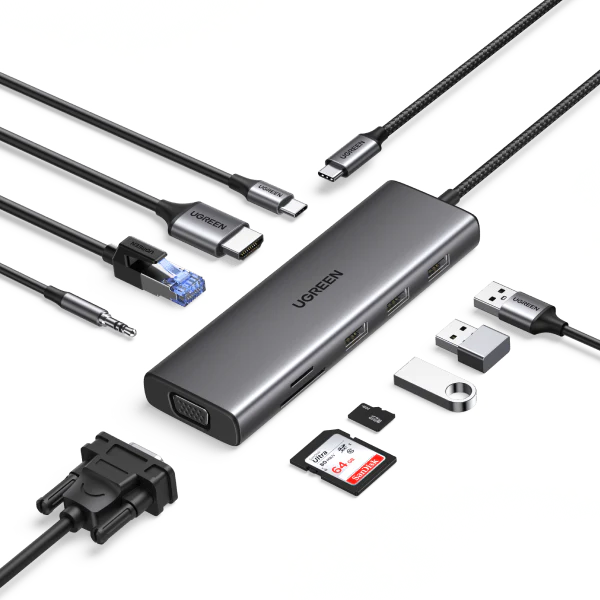 Hub Ugreen chuyển đổi Type C 15601 USB-C sang 3xUSB-A 3.0 + HDMI + VGA+ RJ45(LAN) + SD/TF +3.5mm+PD 4K30Hz | AKIA