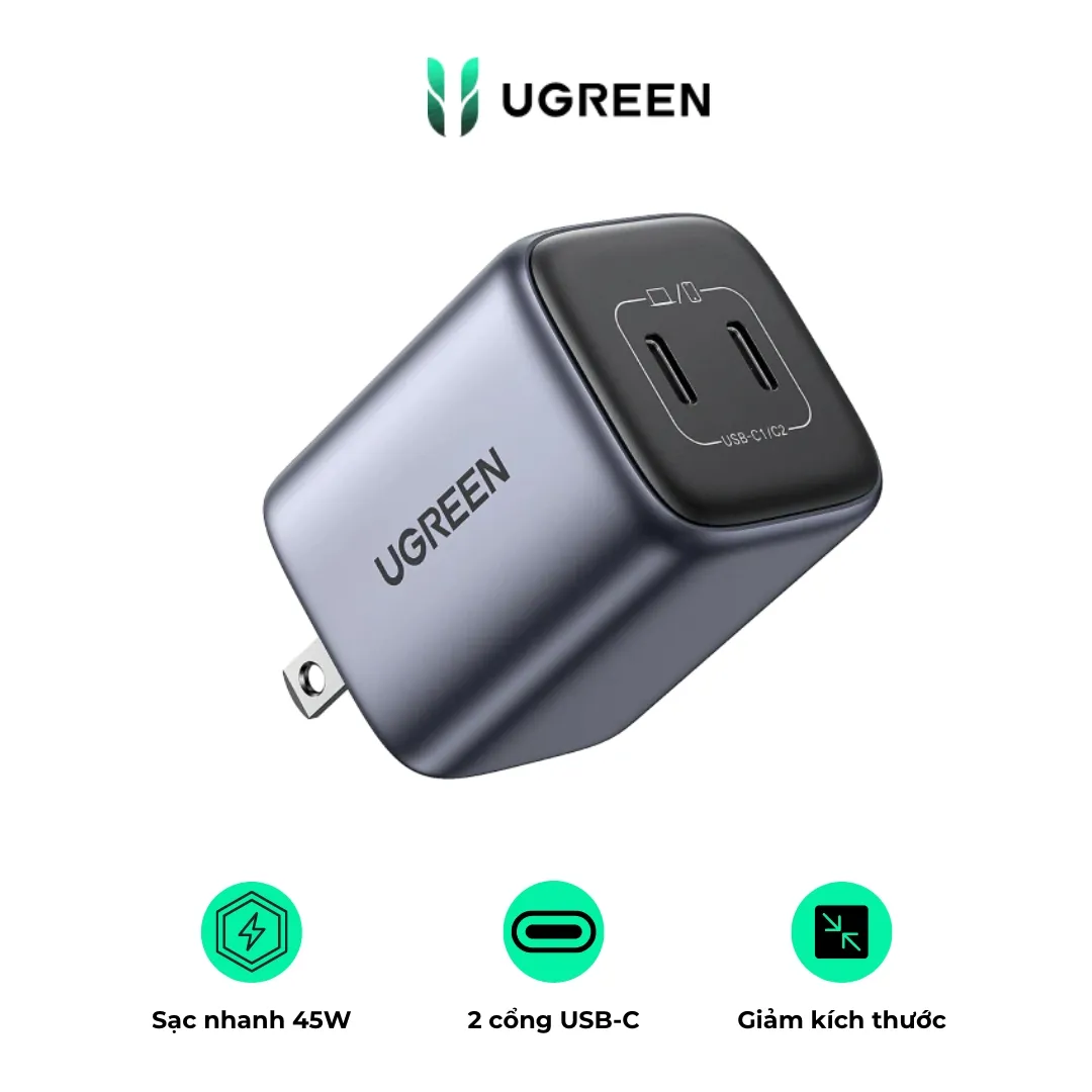 Sạc nhanh Ugreen Nexode GaN 45W 2 cổng USB-C | AKIA