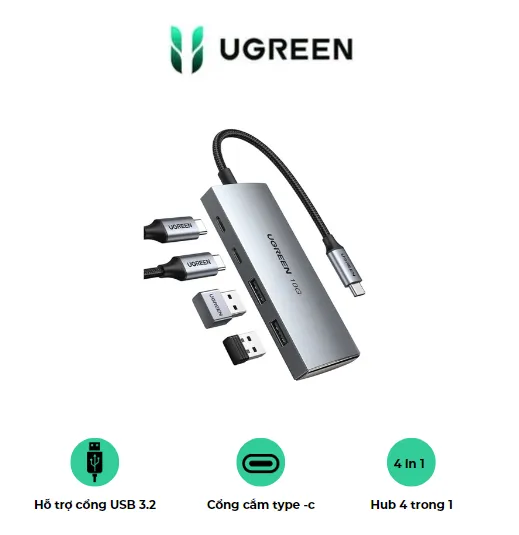 Bộ chia USB-C Ugreen 30758 – 2 cổng USB-A 3.2, 2 cổng USB-C 3.2, tốc độ 10Gbps | AKIA