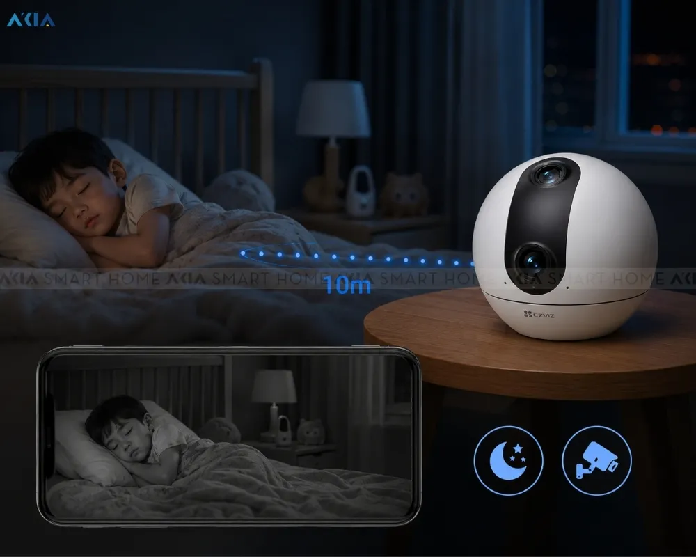 Camera Wifi Trong Nhà 2 Mắt Ezviz C60P Dual 2K 3Mp 16 Camera Trong Nhà Ezviz C60P Dual Mix 2K – Góc Nhìn Dọc 96° – Quay Ngang 340° - Akia Smart Home