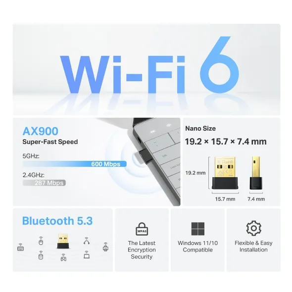 USB Wi-Fi 6 AX900 & Bluetooth 5.3 Nano Tp-link Archer TX10UB Nano