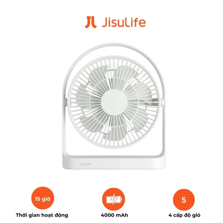 Quạt Tích Điện Để Bàn JISULIFE FA19 – Xoay 330°, Pin 4000mAh 15 Giờ, 4 Tốc Độ Gió, Đèn Ngủ LED | AKIA