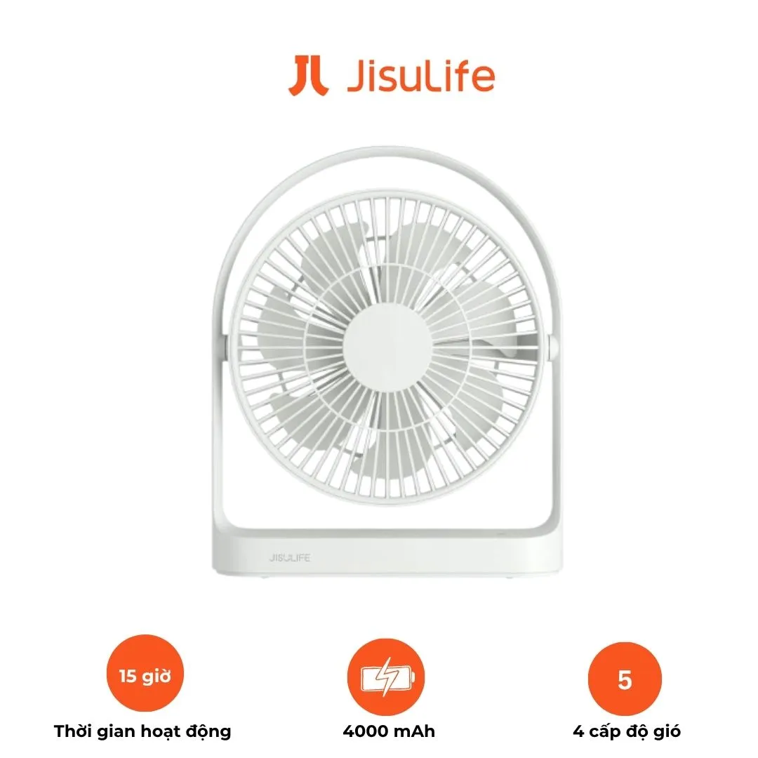 Quạt Tích Điện Để Bàn JISULIFE FA19 – Xoay 330°, Pin 4000mAh 15 Giờ, 4 Tốc Độ Gió, Đèn Ngủ LED | AKIA