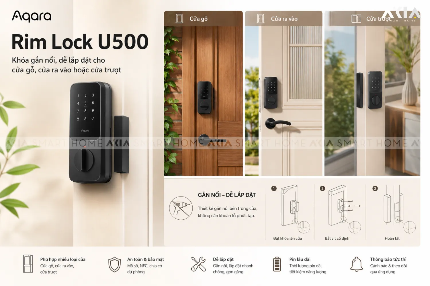 Khóa Cửa Thông Minh Aqara U500 Phù Hợp Nhiều Loại Cửa - Akia Smart Home