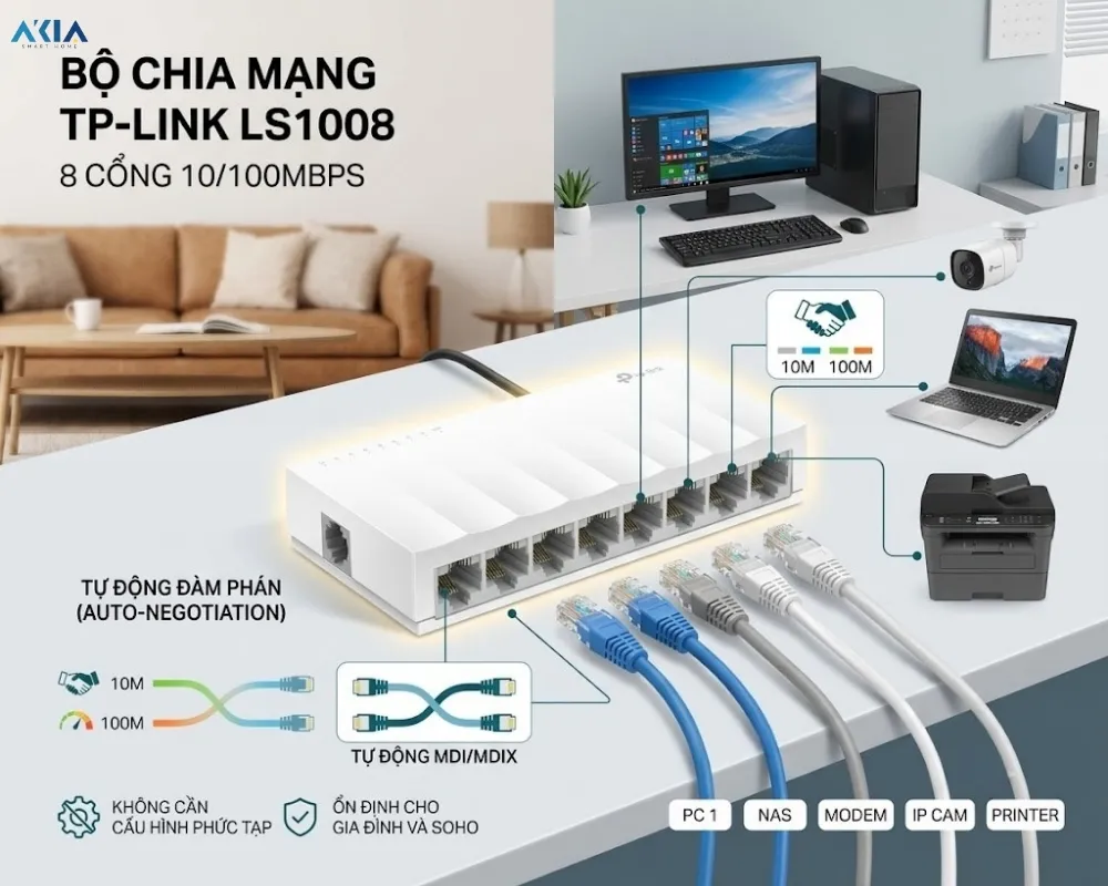 Bộ Chia Mạng Tplink Ls1008 8 Cổng 10/100Mbps 12 Bộ Chia Mạng Tplink Ls1008 8 Cổng 10/100Mbps - Akia Smart Home