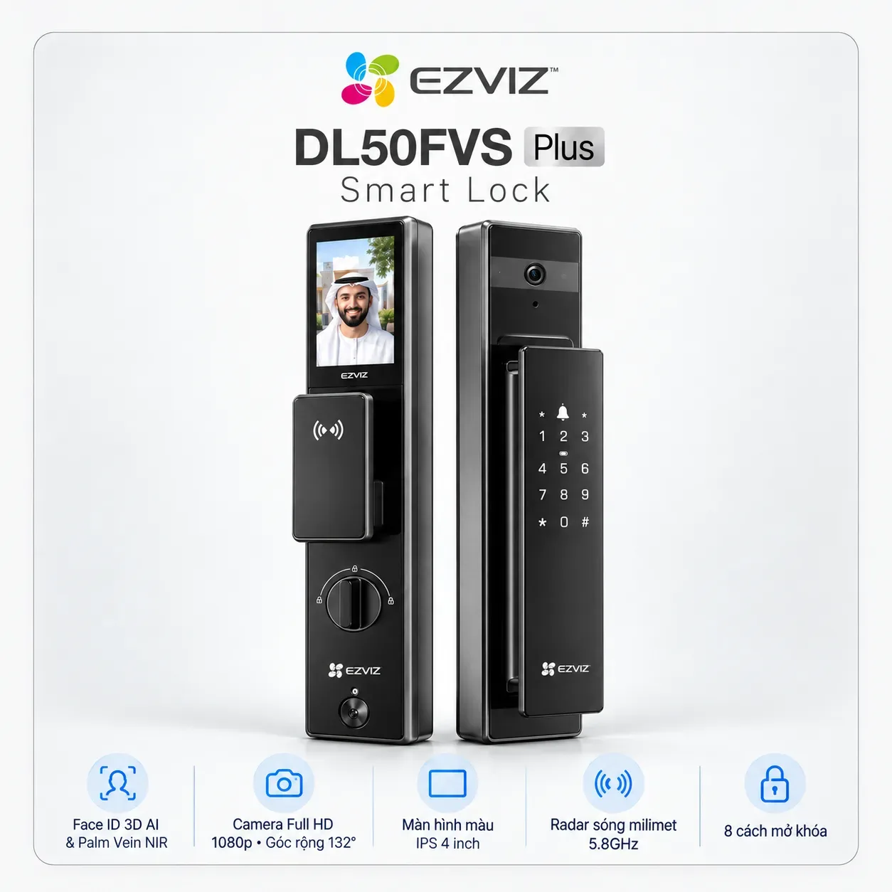 Khóa thông minh EZVIZ DL50FVS Plus tích hợp Face ID 3D và quét tĩnh mạch lòng bàn tay màu xám kim loại