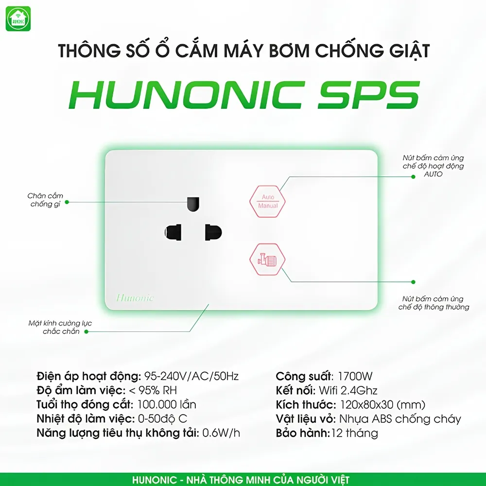 Ổ Cắm Máy Bơm Chống Giật An Toàn Hunonic Sps 6 Ổ Cắm Máy Bơm Chống Giật An Toàn Hunonic Sps - Akia Smart Home