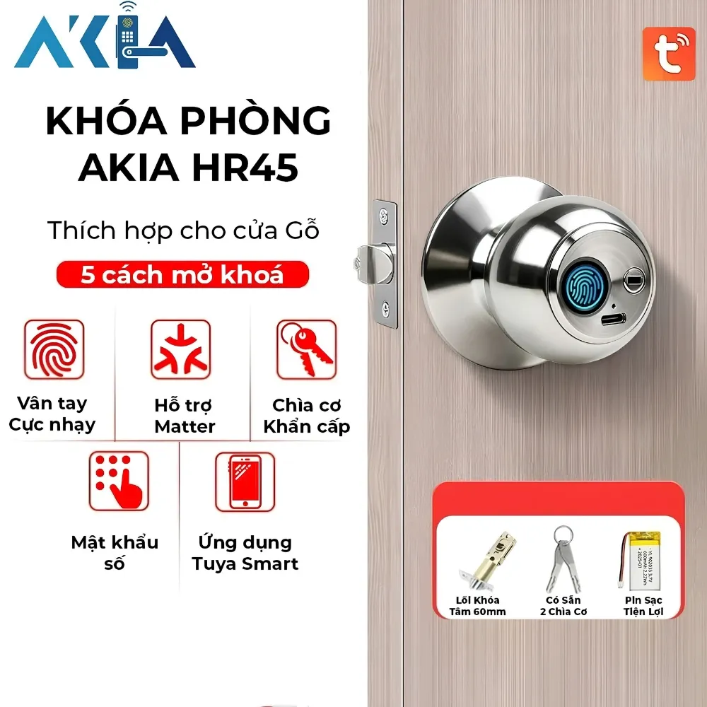 Khóa Vân Tay Tay Nắm Tròn Akia Hr45-60Mm 9 Khóa Vân Tay Akia Hr45-60Mm Tuya Blutooth Chìa Cơ - Akia Smart Home