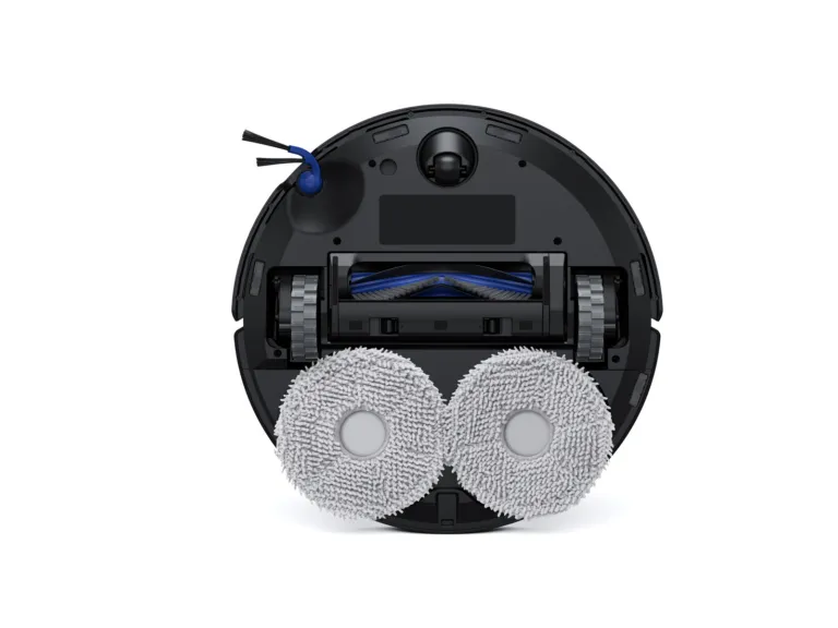 Robot hút bụi lau nhà Ecovacs Deebot T30C 2026 - Mặt dưới robot: chổi chính, chổi cạnh và hai giẻ lau xoay
