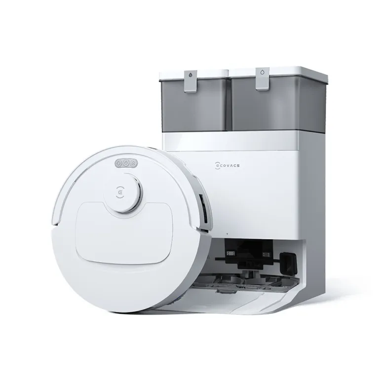 Robot hút bụi lau nhà Ecovacs Deebot T30S Pro Plus - Robot màu trắng đặt trước trạm sạc tự động