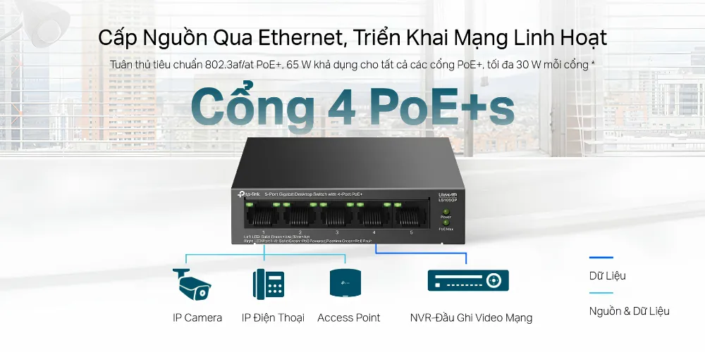 Switch Tp Link Ls105Gp Gigabit 5 Cổng Với 4 Cổng Poe+ 9 Switch Để Bàn Tp Link Ls105Gp Gigabit 5 Cổng Với 4 Cổng Poe+ - Akia Smart Home